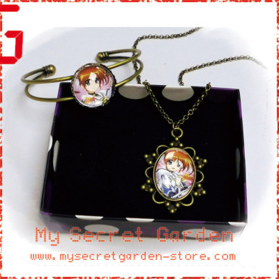Magical Girl Lyrical Nanoha 魔法少女リリカルなのは Nanoha Takamachi Anime Cabochon Bronze Necklace and Bracelet Set Magical Girl Lyrical Nanoha 魔法少女リリカルなのは Nanoha Takamachi Anime Cabochon Bronze Necklace and Bracelet Set